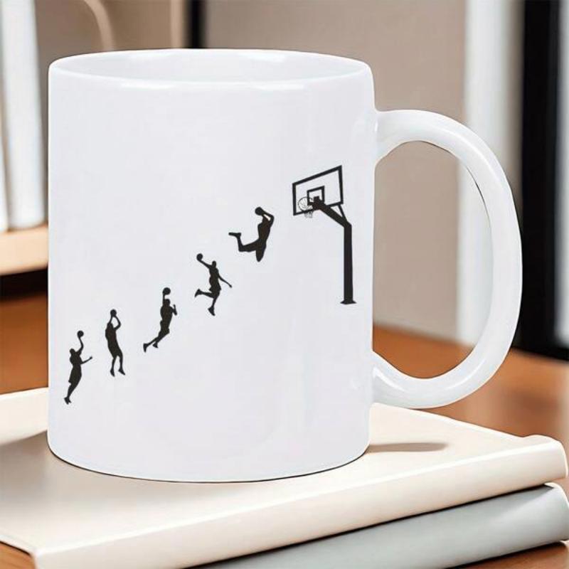 Tailorly White Ceramic 11 oz Mug - Minimalist Black Silhouette Sequence Jumping Towards A Goal Basketball Player