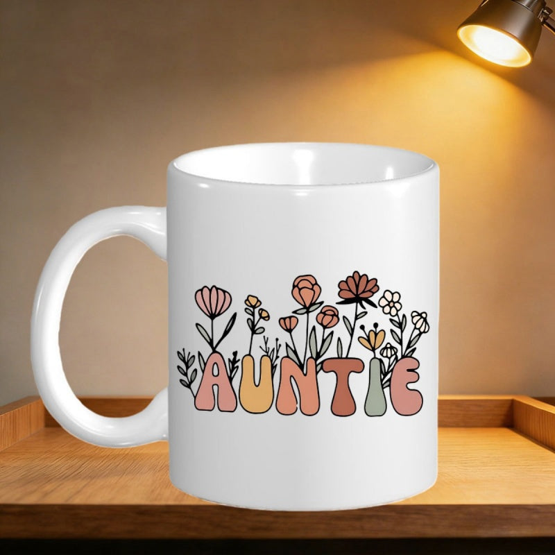 Tailorly White Ceramic 11 oz Mug - Auntie Blooming Hand Drawn Wildflowers Growing From Vibrant Colorful Retro Letters Flower