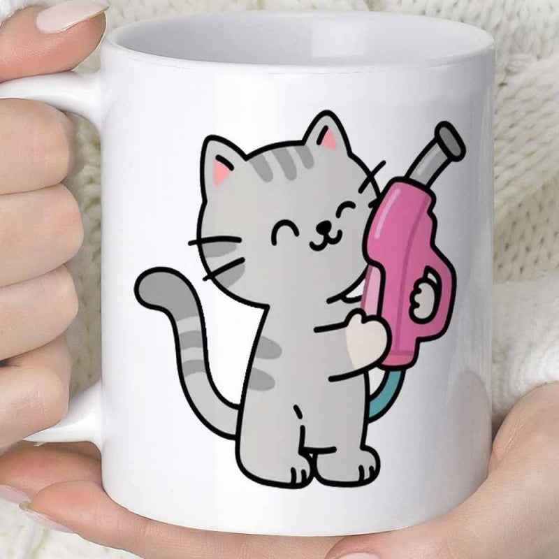 Tailorly White Ceramic 11 oz Mug - Adorable Grey Striped Cartoon Kitten Holding A Bright Pink Gas Pump Cat