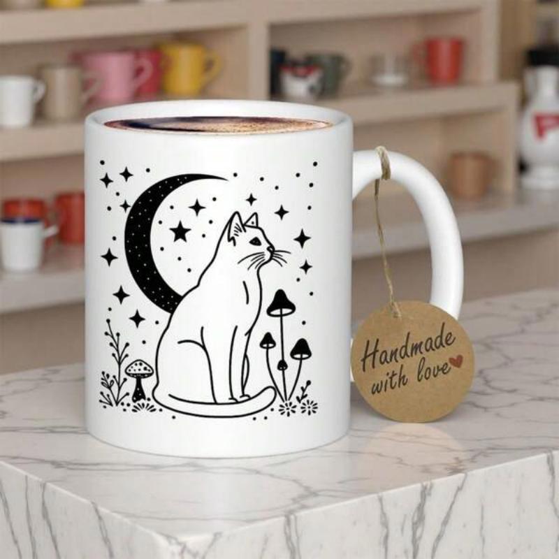 Tailorly White Ceramic 11 oz Mug - Handmade With Love Mystical Celestial Scene With Crescent Moon Stars And Tiny Mushrooms Cat