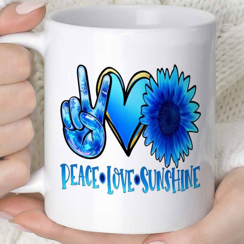 Tailorly White Ceramic 11 oz Mug - Peace Love Sunshine Blue Tie Dye Peace Sign Heart And Vibrant Sunflower