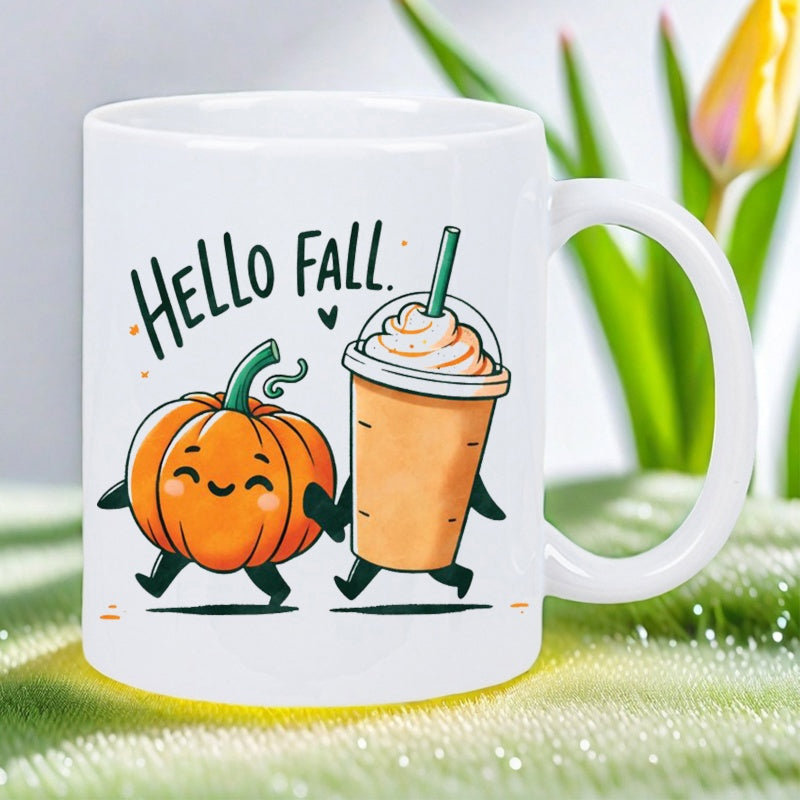 Tailorly White Ceramic 11 oz Mug - Hello Fall Smiling Anthropomorphic Coffee Cup And Little Pumpkin Walking Together Pumpkin