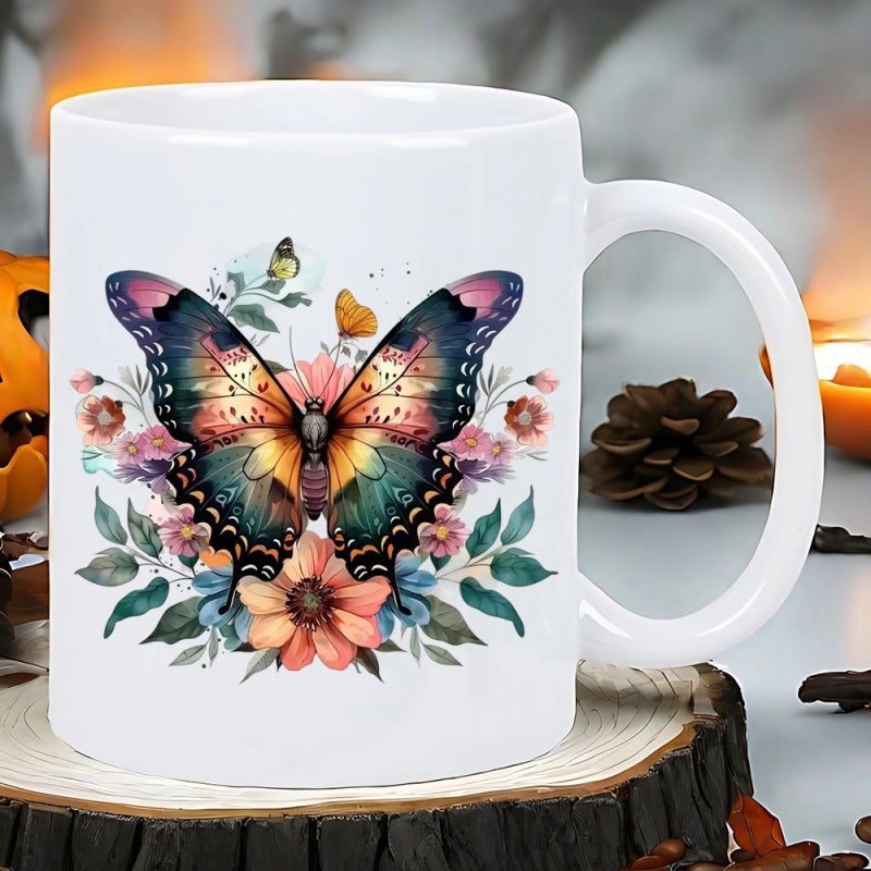 Tailorly White Ceramic 11 oz Mug - Vibrant Wings Fluttering Gracefully Amidst Blooming Garden Flowers And Leaves Butterfly