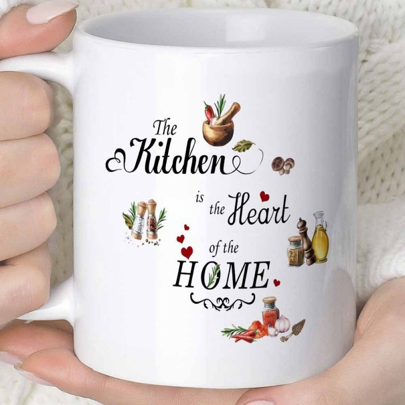 Tailorly White Ceramic 11 oz Mug - The Kitchen Is The Heart Of The Home Rustic Culinary Ingredients And Bottles Among Charming Small Hearts Kitchen