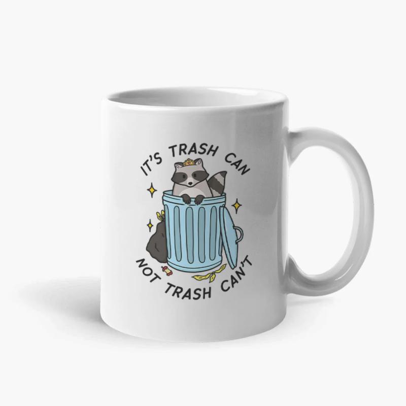 Tailorly White Ceramic 11 oz Mug - Its Trash Can Not Trash Cant Adorable Cartoon Character Peeking Out From A Blue Metal Trash Can Raccoon