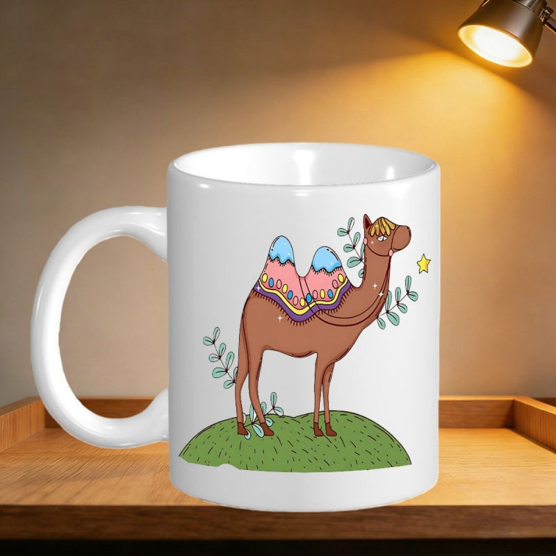 Tailorly White Ceramic 11 oz Mug - Whimsical Brown Dromedary Standing On Grassy Mound With Colorful Humps Camel