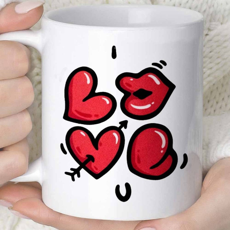 Tailorly White Ceramic 11 oz Mug - Love Stylized Red Hearts And Lips Arranged In A Creative Pattern Heart
