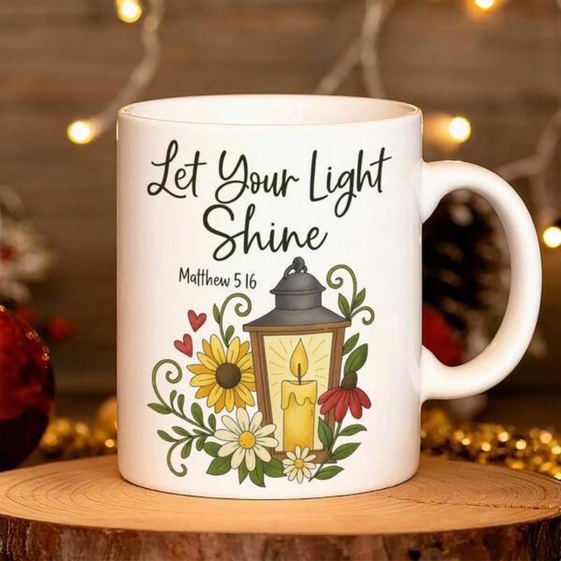 Tailorly White Ceramic 11 oz Mug - Let Your Light Shine Matthew 5 16 Vintage Lantern Glowing With Warm Light Among Sunflowers And Flowers Lantern