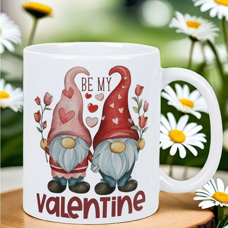 Tailorly White Ceramic 11 oz Mug - Be My Valentine Charming Festive Couple Holding Flowers And Surrounded By Tiny Hearts Gnomes