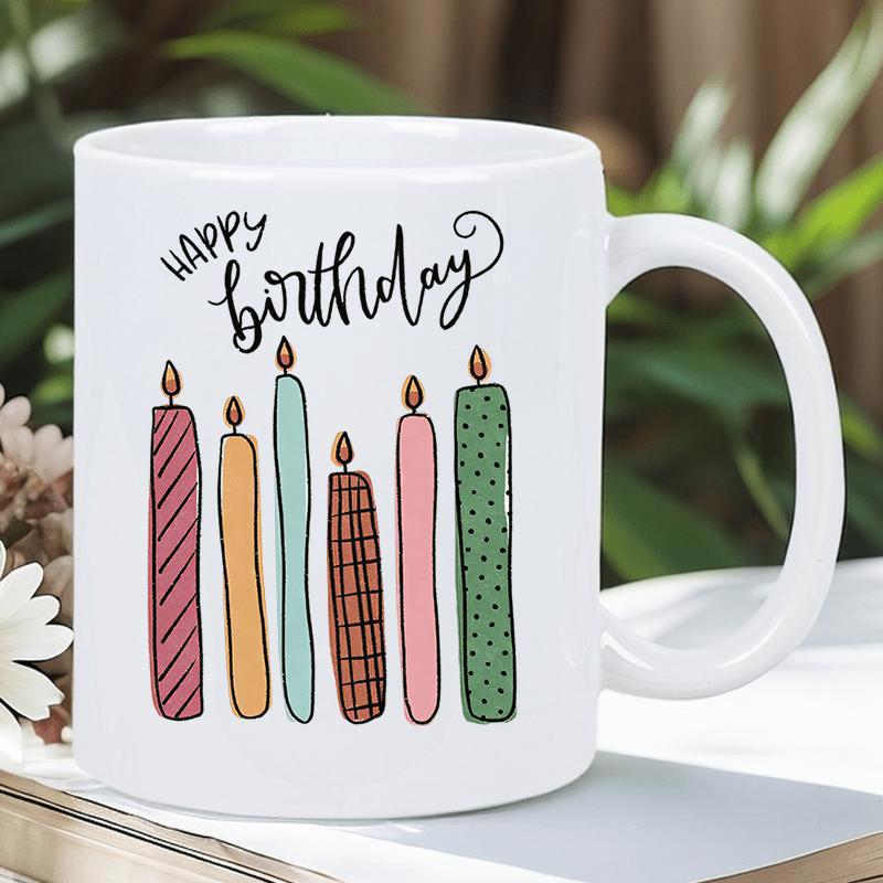 Tailorly White Ceramic 11 oz Mug - Happy Birthday Colorful Hand Drawn Birthday Candles With Glowing Flames And Unique Patterns Candle