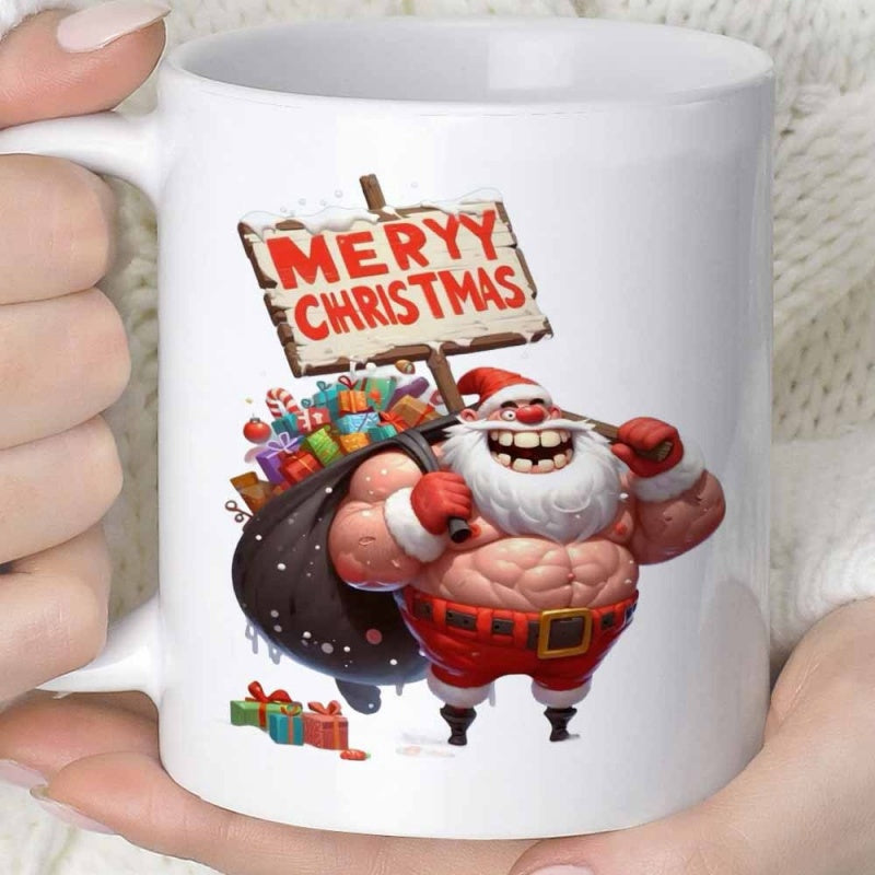Tailorly White Ceramic 11 oz Mug - Meryy Christmas Muscular Cartoon Character Carrying Sack Full Of Colorful Gifts Santa Claus