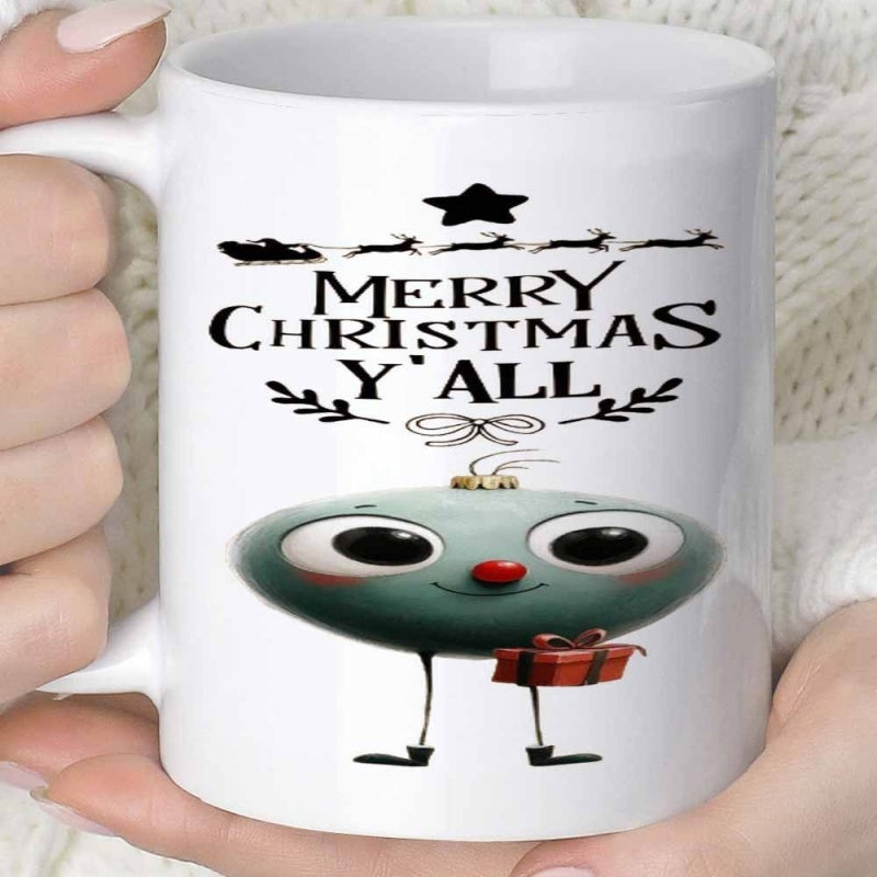 Tailorly White Ceramic 11 oz Mug - Merry Christmas Yall Cute Green Character Holding A Tiny Red Gift Box Ornament