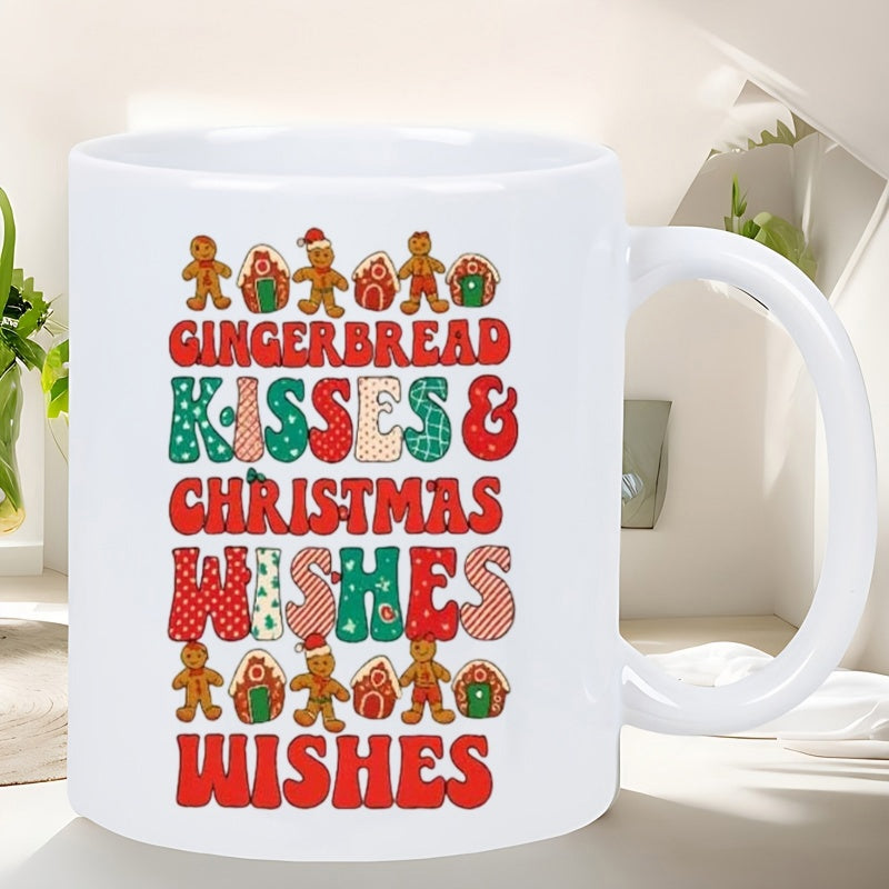 Tailorly White Ceramic 11 oz Mug - Gingerbread Kisses Christmas Wishes Festive Holiday Treats Among Cute Decorated Houses And Gingerbread