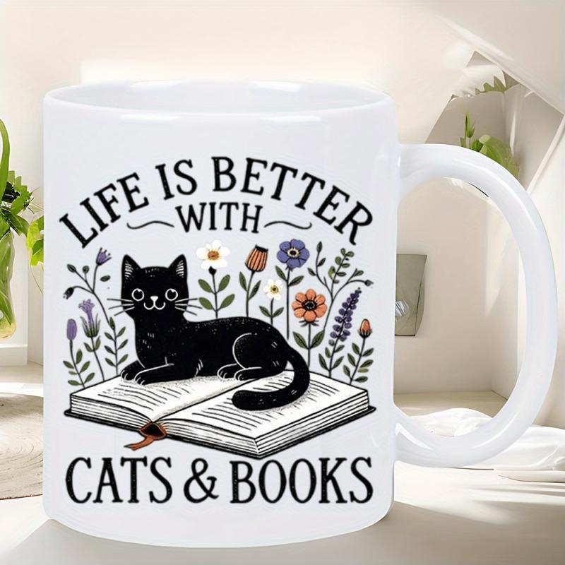 Tailorly White Ceramic 11 oz Mug - Life Is Better With Cats Books Elegant Black Cat Resting On Open Book Among Colorful Wildflowers Cat