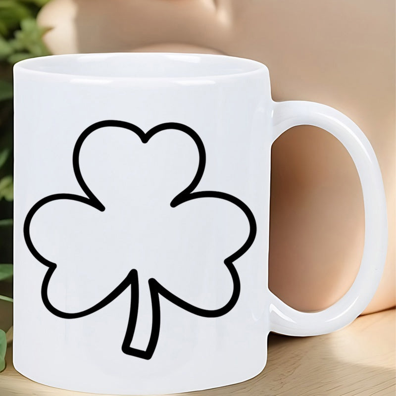 Tailorly White Ceramic 11 oz Mug - Simple Minimalist Black Outline Symbol Of St Patricks Day Luck Shamrock