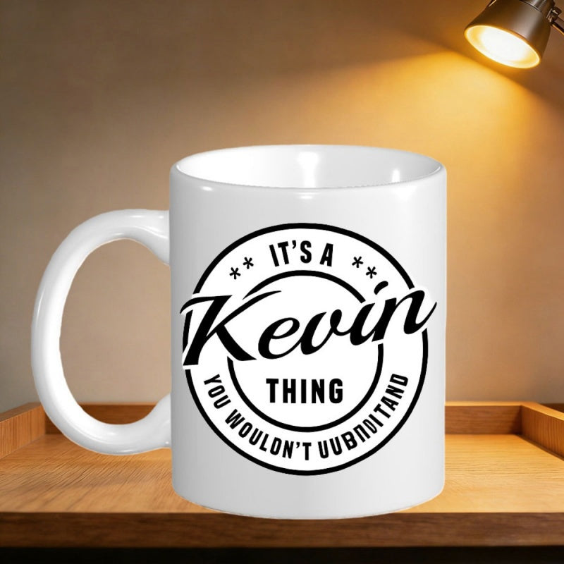 Tailorly White Ceramic 11 oz Mug - Its A Kevin Thing You Wouldnt Understand Circular Minimalist Emblem Featuring Elegant Script And Stars Mug