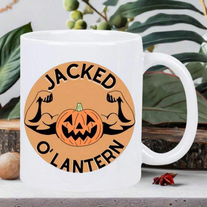Tailorly White Ceramic 11 oz Mug - Jacked O Lantern Muscular Flexing With Strong Biceps Inside A Simple Circle Pumpkin