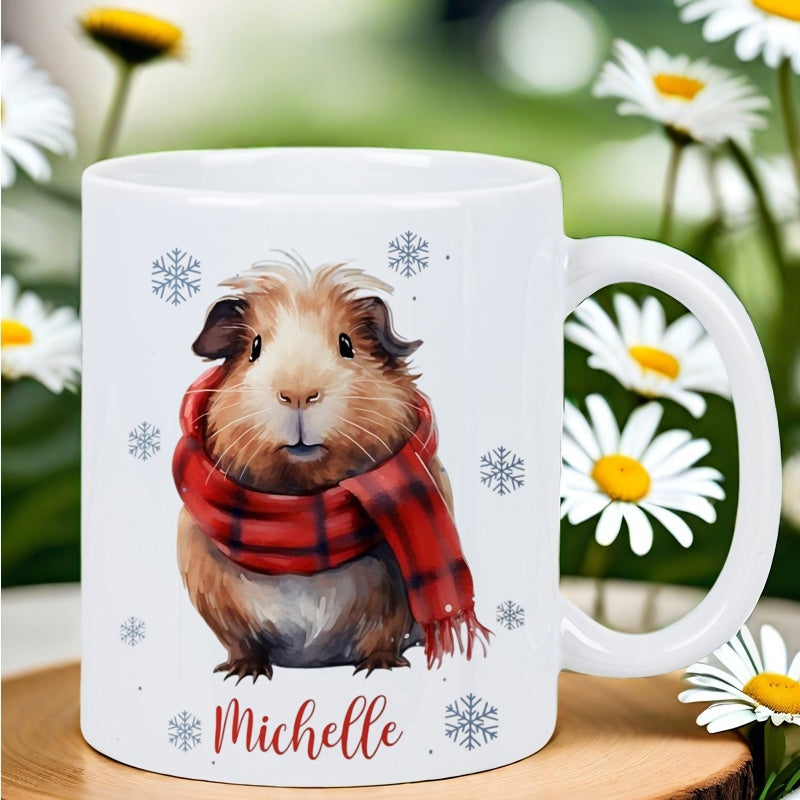 Tailorly White Ceramic 11 oz Mug - Michelle Fluffy Brown Furry Animal Wearing Red Plaid Scarf Under Snowflakes Guinea Pig