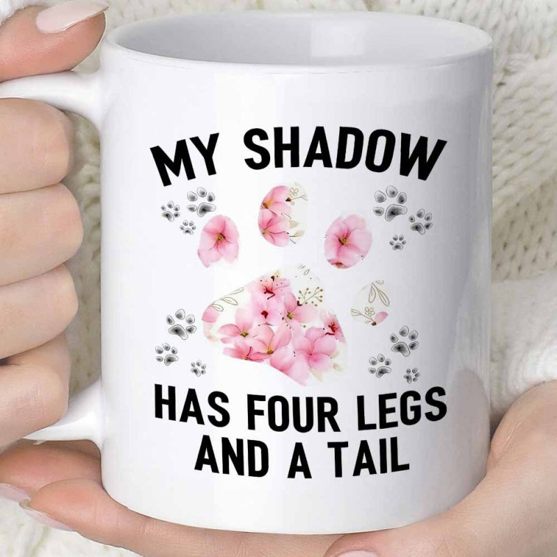 Tailorly White Ceramic 11 oz Mug - My Shadow Has Four Legs And A Tail Delicate Pink Blossoms Filling A Large Animal Track Silhouette Paw