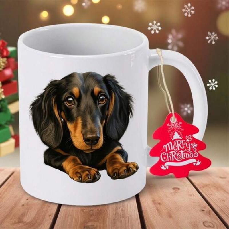 Tailorly White Ceramic 11 oz Mug - Merry Christmas Cute Realistic Long Haired Black And Tan Puppy Resting Its Paws Dachshund