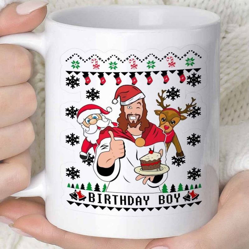 Tailorly White Ceramic 11 oz Mug - Birthday Boy Festive Cartoon Character Celebrating Christmas With Santa And Reindeer Jesus