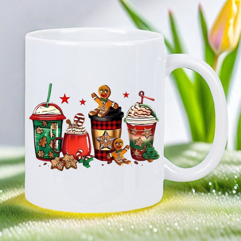 Tailorly White Ceramic 11 oz Mug - Festive Christmas Coffee Cups With Smiling Gingerbread Men And Stars Drink