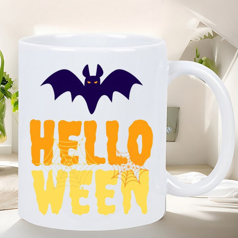 Tailorly White Ceramic 11 oz Mug - Hello Ween Spooky Bat Flying Above Orange Distressed Text With Spider Webs Bat