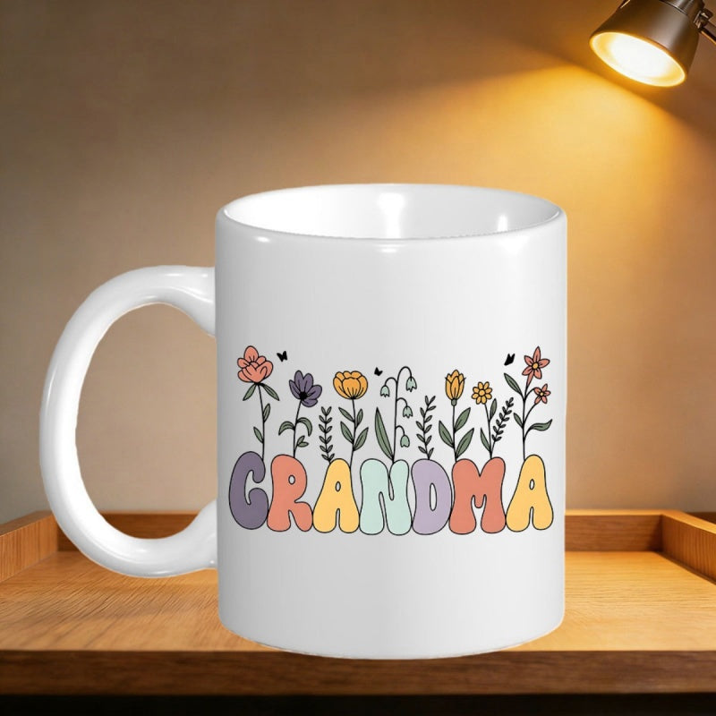Tailorly White Ceramic 11 oz Mug - Grandma Colorful Wildflowers Blooming From Retro Groovy Hand Drawn Botanical Mug