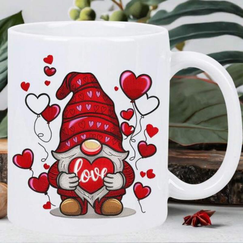 Tailorly White Ceramic 11 oz Mug - Love Charming Valentine Character Holding Large Heart Surrounded By Floating Balloon Gnome