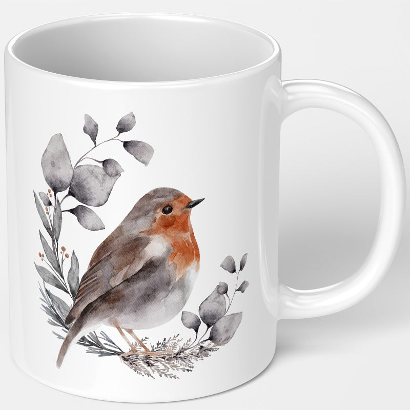 Tailorly White Ceramic 11 oz Mug - Hand Painted Watercolor Artistic Illustration Among Grey Minimalist Leaves Robin