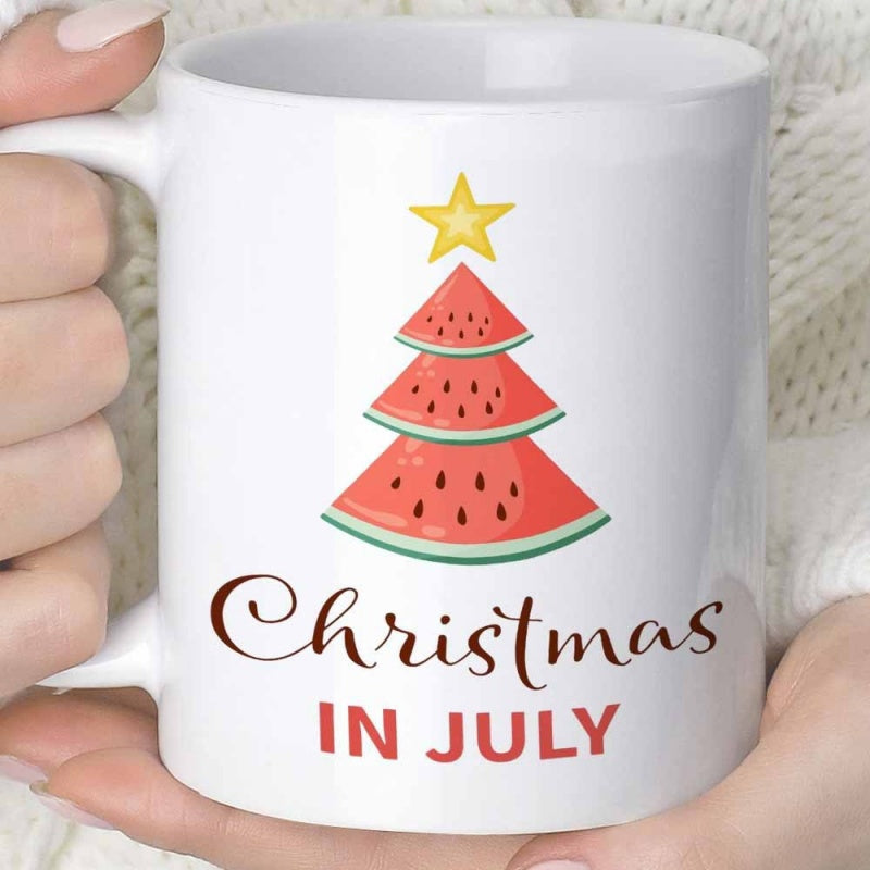 Tailorly White Ceramic 11 oz Mug - Christmas In July Creative Stacked Slices Of Sweet Fruit Forming A Festive Tree Shaped Watermelon