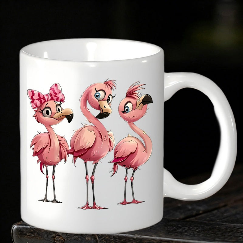 Tailorly White Ceramic 11 oz Mug - Three Charming Pink Birds Standing Together Wearing A Patterned Bow Flamingo
