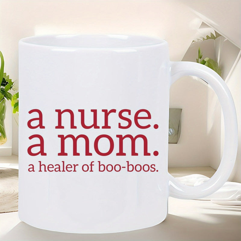 Tailorly White Ceramic 11 oz Mug - A Nurse A Mom A Healer Of Boo Boos Minimalist Red Serif Lettering Arranged In Three Stacked Central Rows Mug