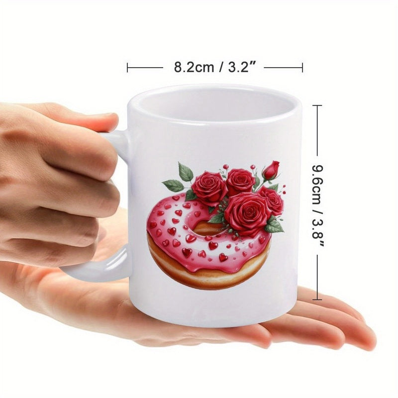 Tailorly White Ceramic 11 oz Mug - Sweet Pink Glazed Decorated With Romantic Red Roses And Heart Sprinkles Donut