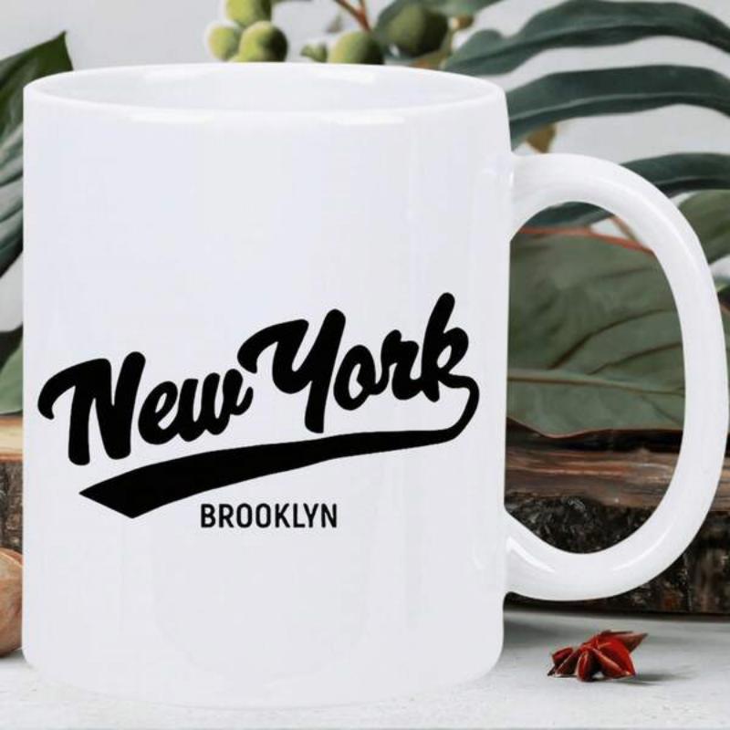 Tailorly White Ceramic 11 oz Mug - New York Brooklyn Minimalist White Ceramic Vessel With Elegant Bold Script Style Pattern Mug