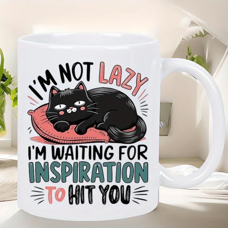 Tailorly White Ceramic 11 oz Mug - Im Not Lazy Im Waiting For Inspiration To Hit You Adorable Black Cat Resting Comfortably On A Red Textured Cushion Cat