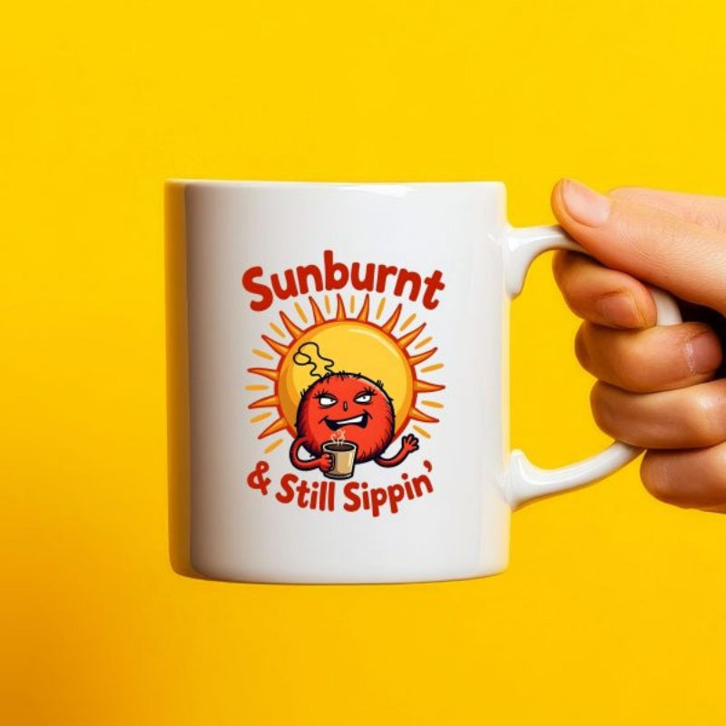 Tailorly White Ceramic 11 oz Mug - Sunburnt Still Sippin Cartoon Red Sunburnt Creature Holding A Steaming Cup Before Large Radiant Sun Character