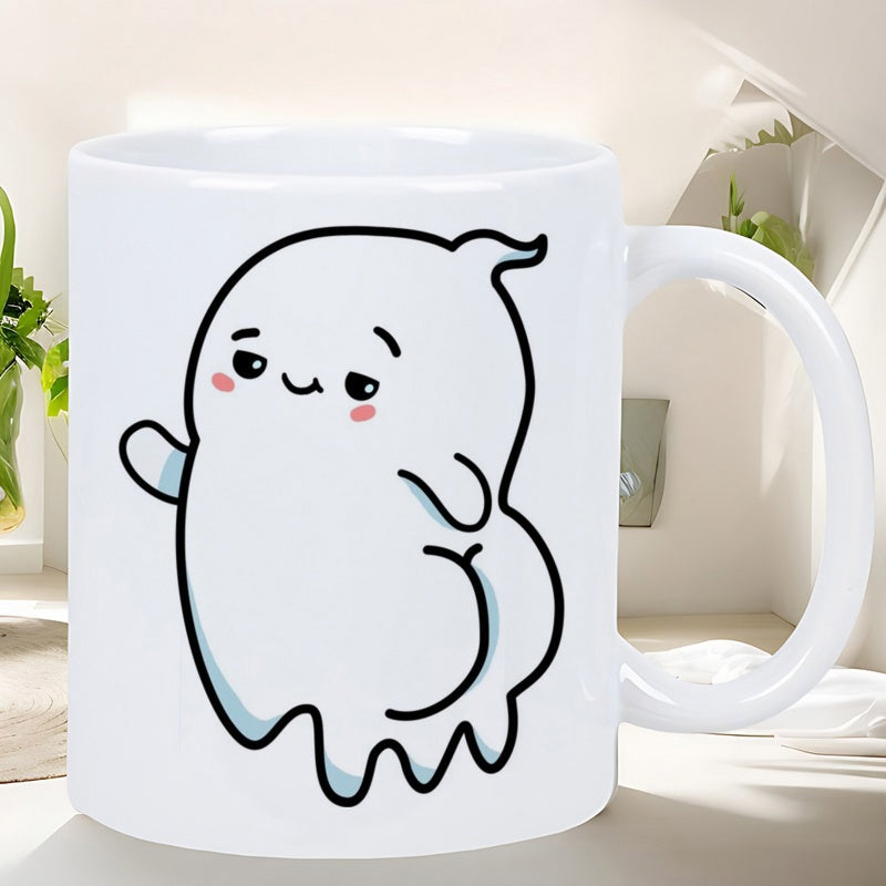 Tailorly White Ceramic 11 oz Mug - Adorable Little Floating Spirit With Cute Cheeks And Round Shape Ghost