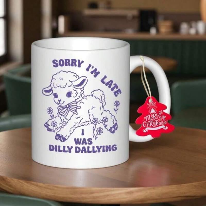 Tailorly White Ceramic 11 oz Mug - Sorry Im Late I Was Dilly Dallying Adorable Vintage Style Lamb Wearing Bow Among Flowers Lamb