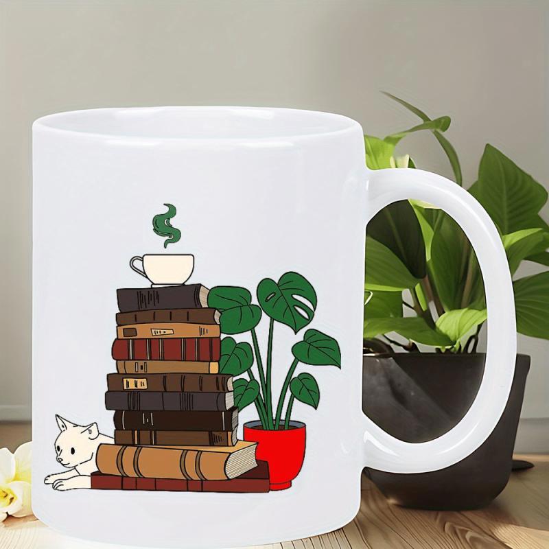 Tailorly White Ceramic 11 oz Mug - Cozy Stack Of Vintage Books With Potted Plant And Cute Cat Illustration