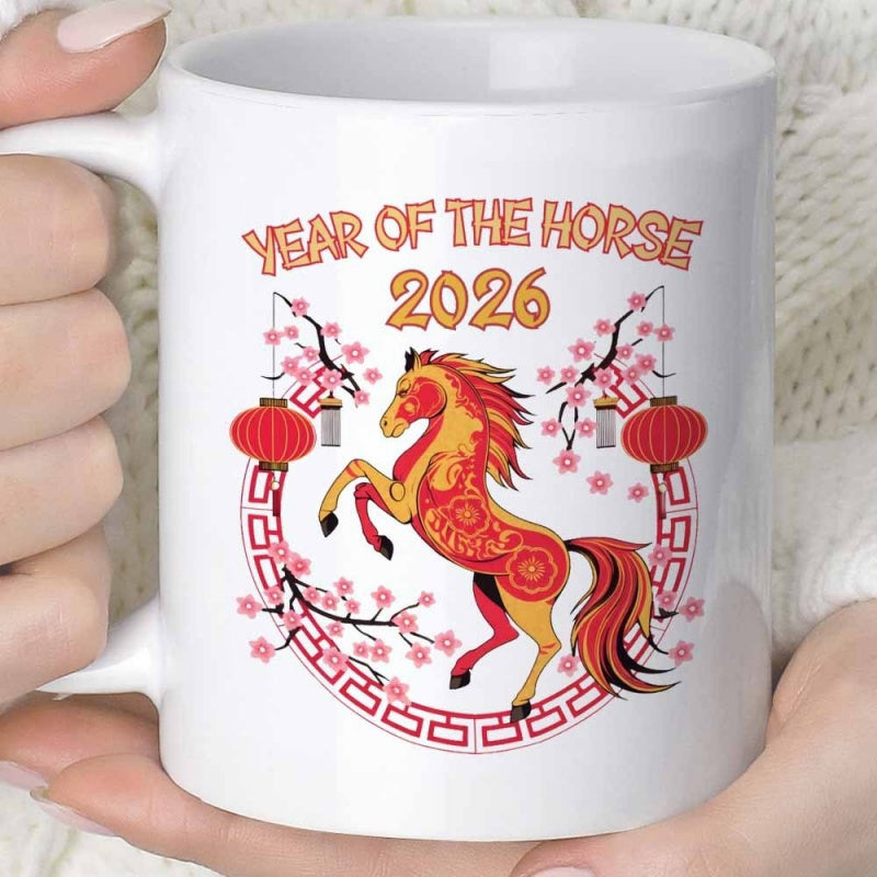 Tailorly White Ceramic 11 oz Mug - Year Of The Horse 2026 Majestic Rearing Stallion With Cherry Blossoms And Traditional Red Chinese Lanterns Horse