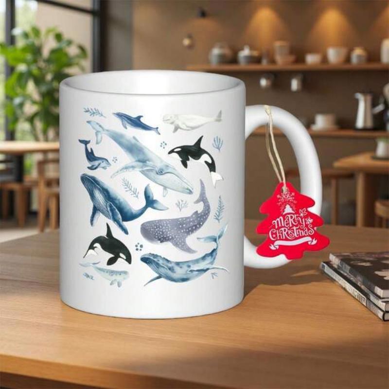 Tailorly White Ceramic 11 oz Mug - Merry Christmas Majestic Watercolor Marine Life Creatures Swimming In Deep Blue Ocean Whale