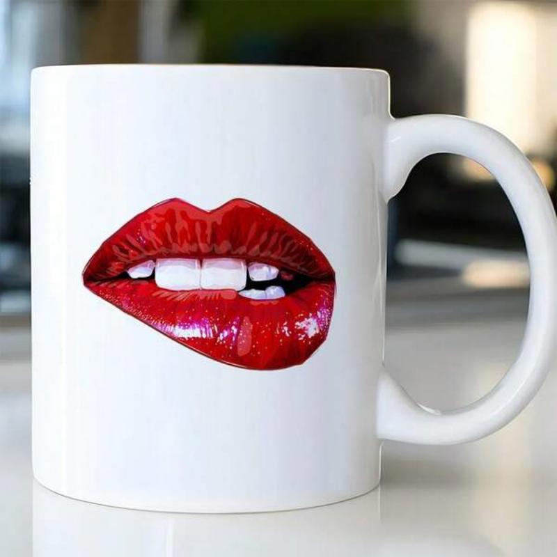 Tailorly White Ceramic 11 oz Mug - Vibrant Glossy Red Biting Down Gently On Lower White Teeth Lips