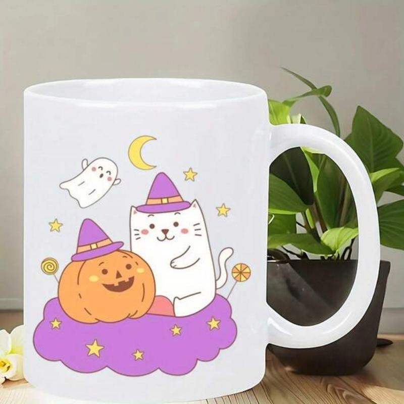 Tailorly White Ceramic 11 oz Mug - Adorable Witch Cat Sitting Beside Smiling Jack Lantern Under Golden Crescent Moon Cat