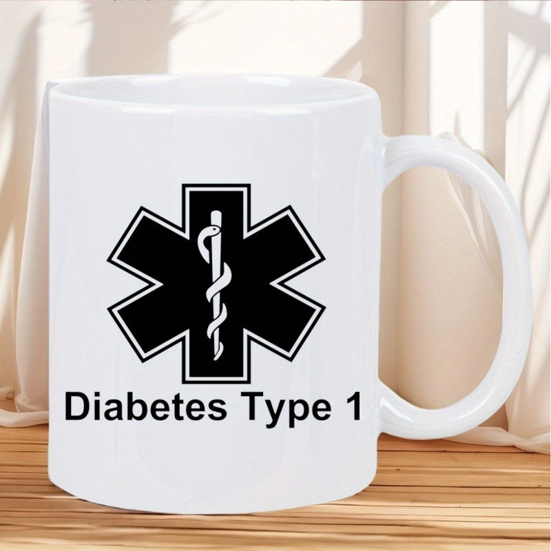 Tailorly White Ceramic 11 oz Mug - Diabetes Type 1 Black Medical Star Symbol With Serpent And Staff On