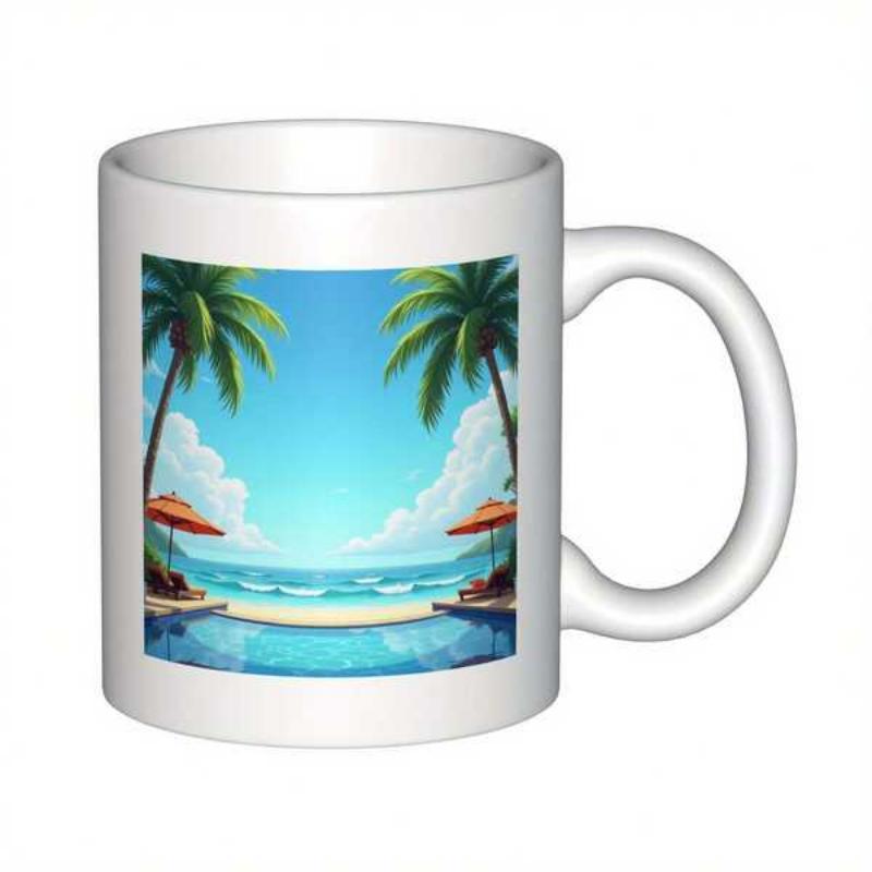 Tailorly White Ceramic 11 oz Mug - Sun Drenched Tropical Paradise With Tall Palm Trees And Umbrellas Beach