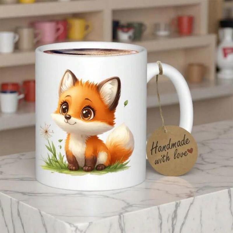 Tailorly White Ceramic 11 oz Mug - Handmade With Love Adorable Cartoon Baby Fox Sitting In Green Grass With Small Daisy Fox