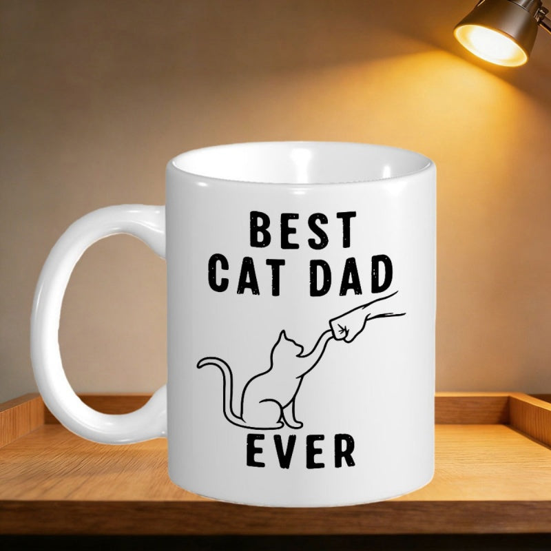 Tailorly White Ceramic 11 oz Mug - Best Cat Dad Ever Minimalist Line Art Featuring A Human Fist Bumping A Graceful Cat