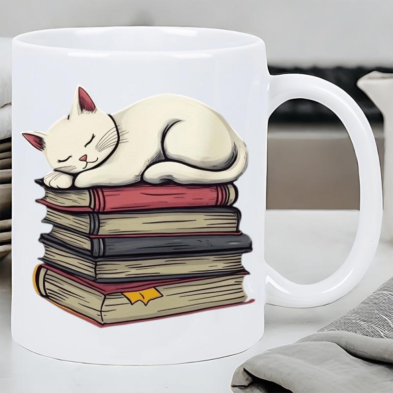 Tailorly White Ceramic 11 oz Mug - Peaceful White Feline Resting Atop A Colorful Stack Of Old Books Cat