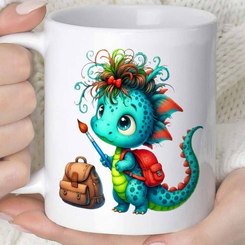 Tailorly White Ceramic 11 oz Mug - Adorable Little Teal Character Carrying Paintbrush And Red Backpack Dragon